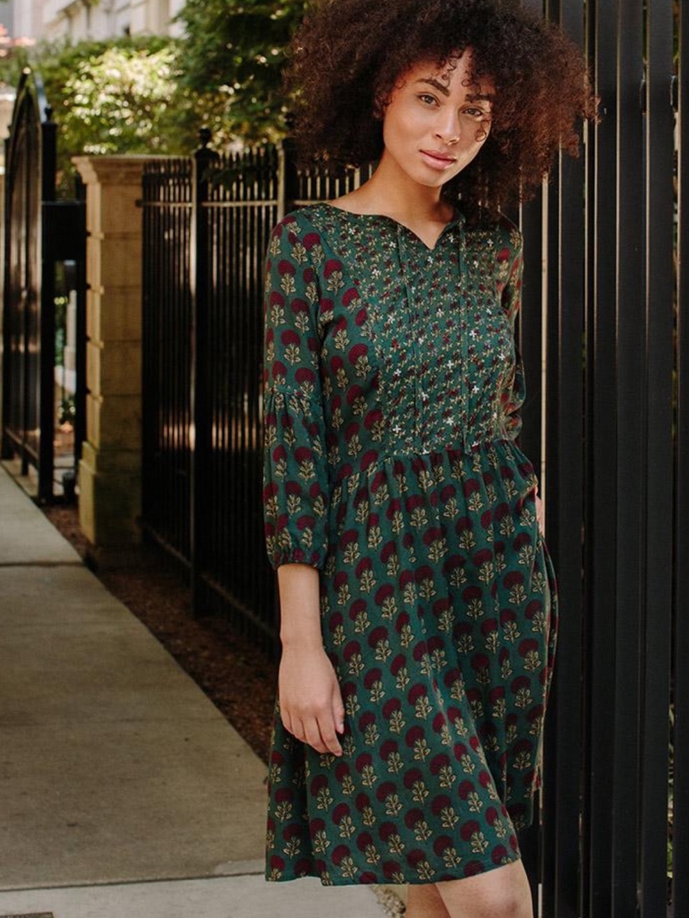 Mata Traders Small Green Floral Long Sleeve Mini Dress 3/4 Sleeve Boho Peasant